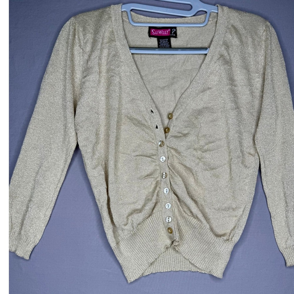 Y2K Vintage Say What? Gold Metallic Knit Button Cardigan Sweater Size M